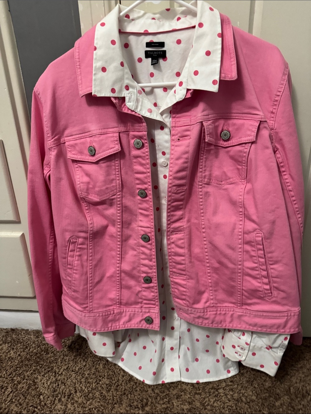 Talbots Pink Denim Jacket with White Polka Dot Blouse